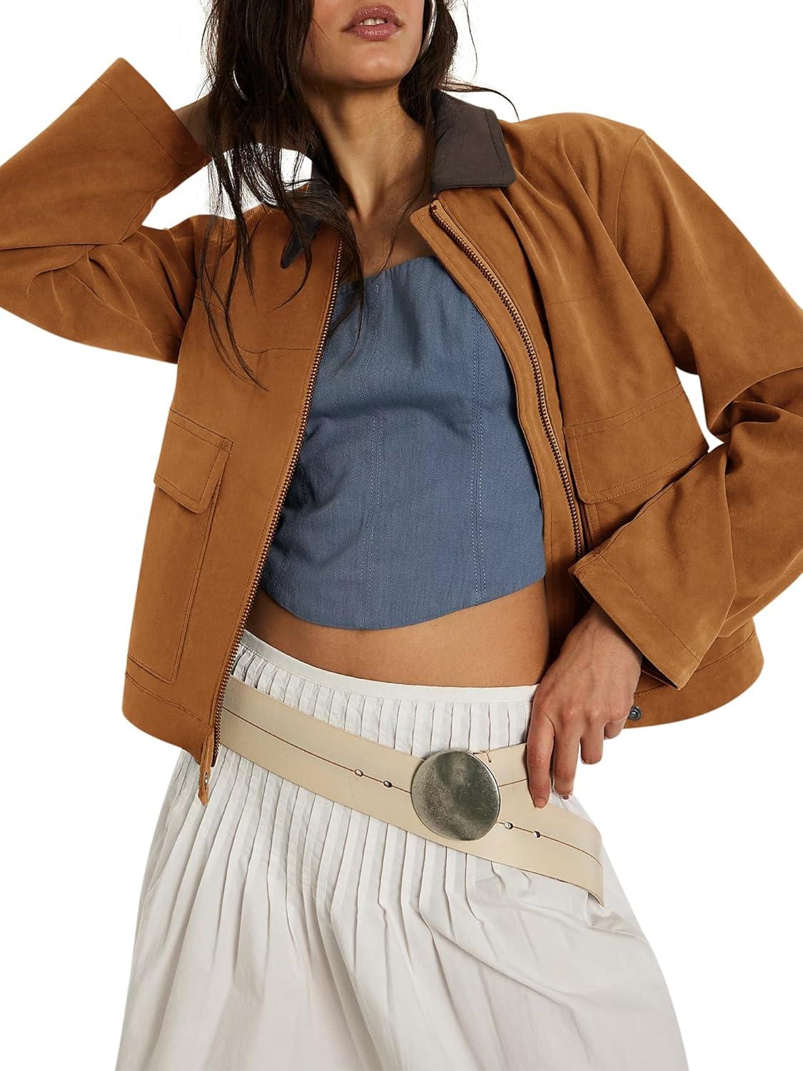 imageCOCCKO Womens Faux Suede Cropped Jacket Casual Zip Up Jackets Contrast Collar Fleece Winter Coats Outerwear with PocketsDark Brown