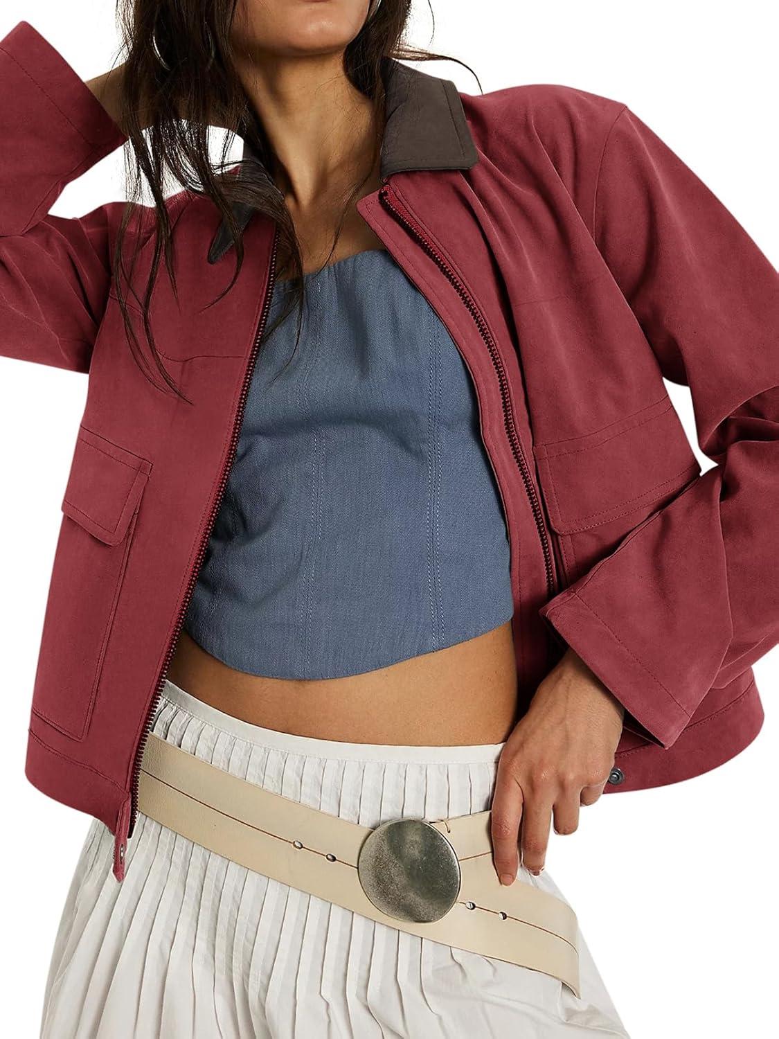 imageCOCCKO Womens Faux Suede Cropped Jacket Casual Zip Up Jackets Contrast Collar Fleece Winter Coats Outerwear with PocketsRed
