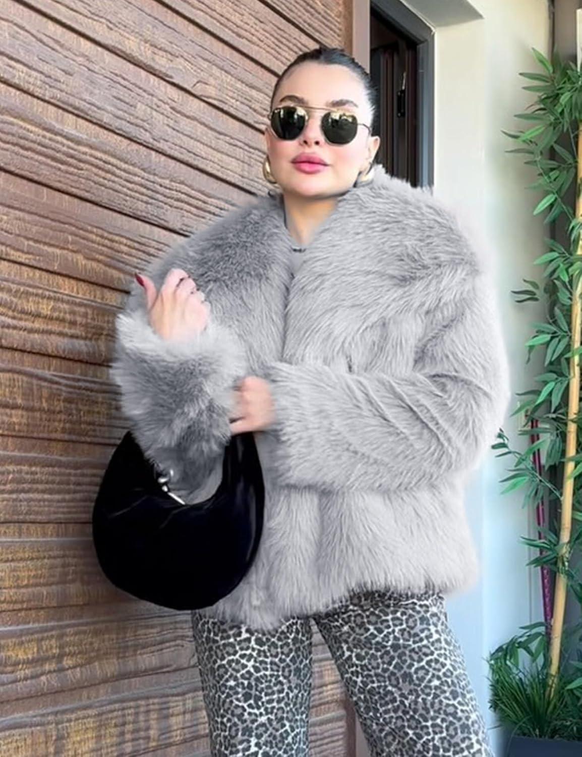 imageCOZYPOIN Womens Faux Fur Jacket Fluffy Fur Coat Cropped Long Sleeve Lapel Button Down Fuzzy Winter OuterwearAshgrey