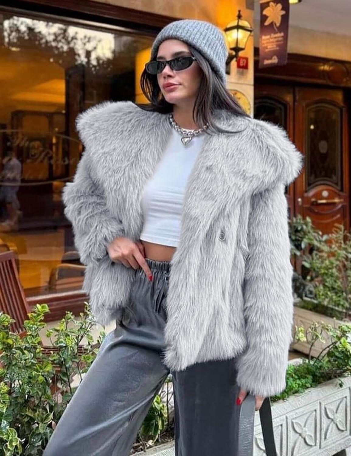 imageCOZYPOIN Womens Faux Fur Jacket Fluffy Fur Coat Cropped Long Sleeve Lapel Button Down Fuzzy Winter OuterwearAshgrey