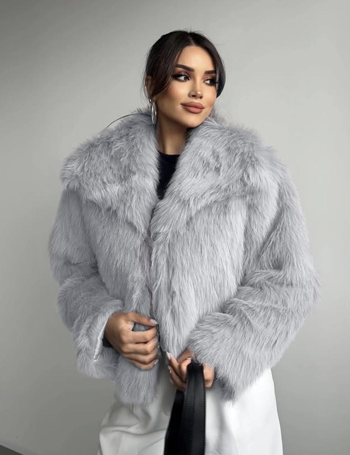 imageCOZYPOIN Womens Faux Fur Jacket Fluffy Fur Coat Cropped Long Sleeve Lapel Button Down Fuzzy Winter OuterwearAshgrey