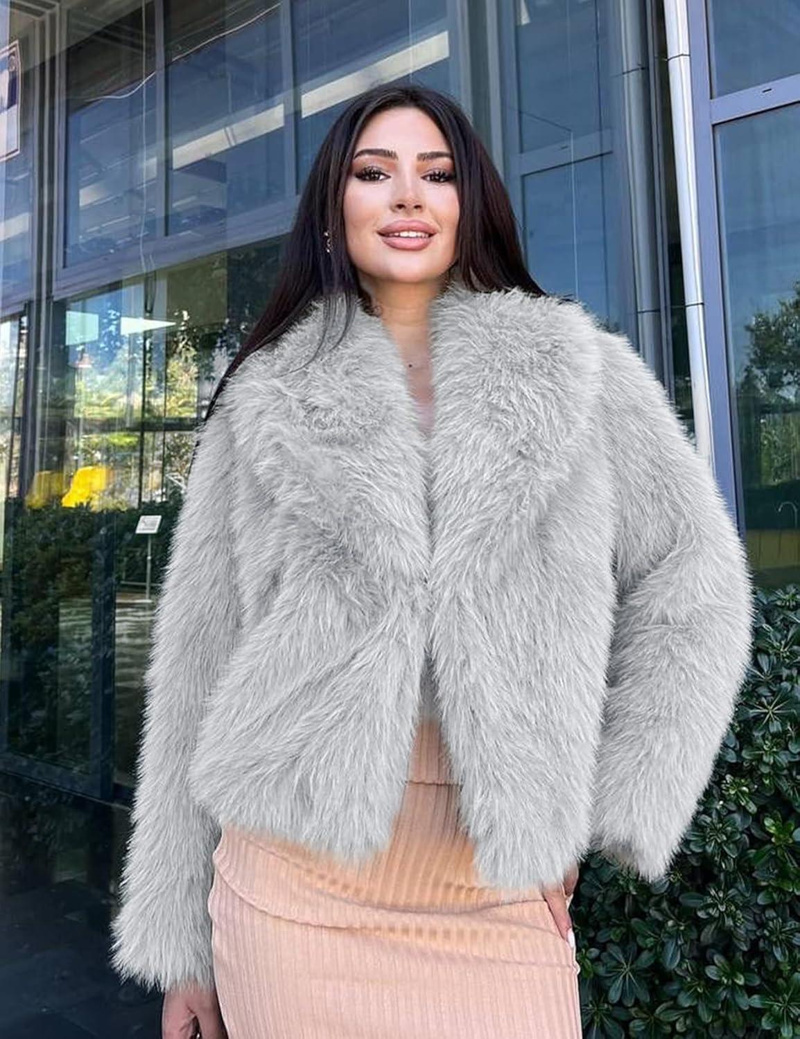 imageCOZYPOIN Womens Faux Fur Jacket Fluffy Fur Coat Cropped Long Sleeve Lapel Button Down Fuzzy Winter OuterwearAshgrey