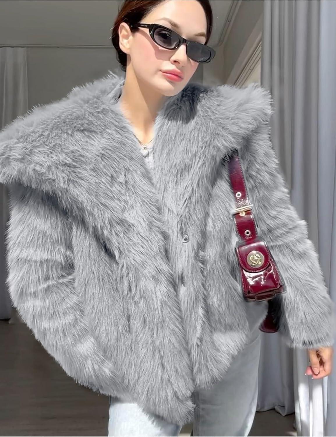imageCOZYPOIN Womens Faux Fur Jacket Fluffy Fur Coat Cropped Long Sleeve Lapel Button Down Fuzzy Winter OuterwearAshgrey