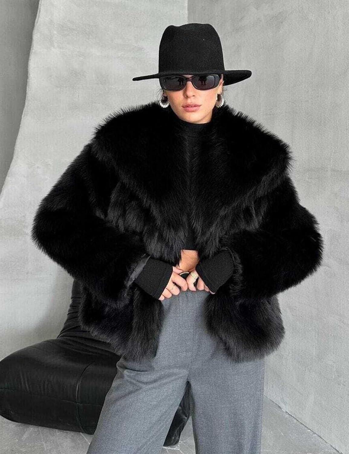 imageCOZYPOIN Womens Faux Fur Jacket Fluffy Fur Coat Cropped Long Sleeve Lapel Button Down Fuzzy Winter OuterwearBlack