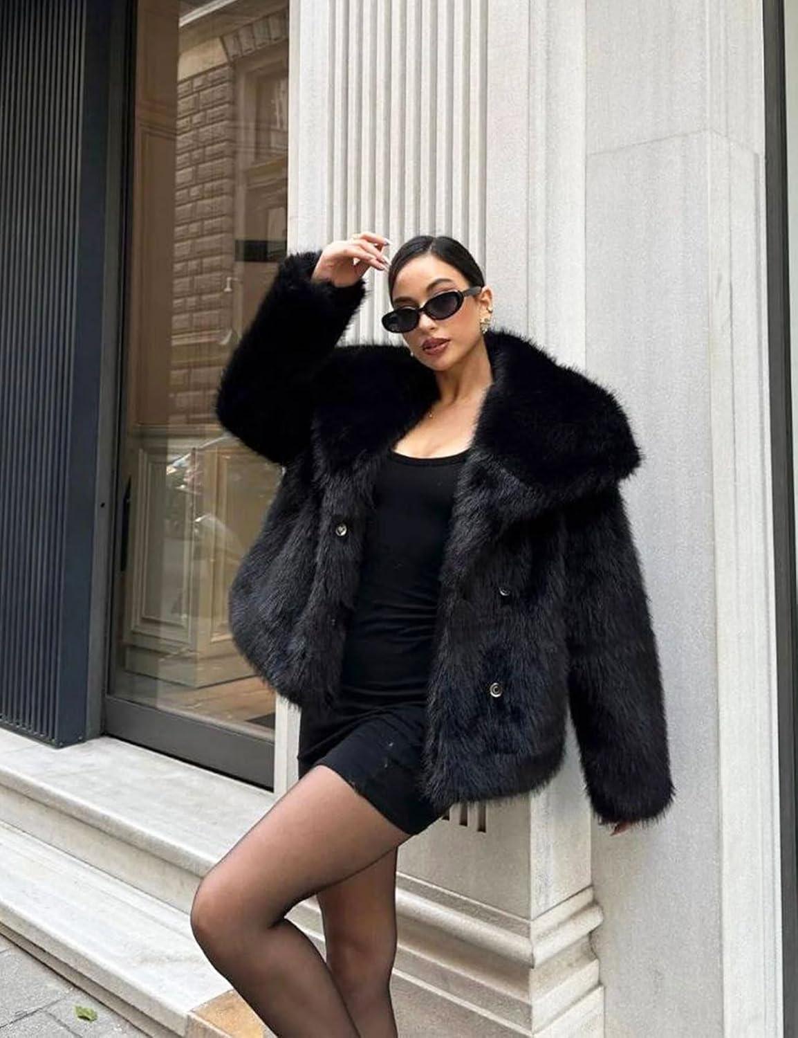 imageCOZYPOIN Womens Faux Fur Jacket Fluffy Fur Coat Cropped Long Sleeve Lapel Button Down Fuzzy Winter OuterwearBlack