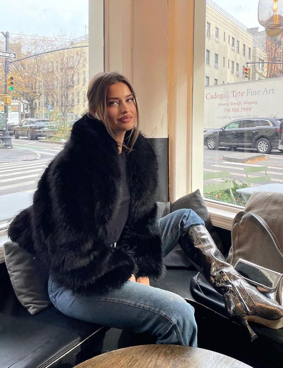 imageCOZYPOIN Womens Faux Fur Jacket Fluffy Fur Coat Cropped Long Sleeve Lapel Button Down Fuzzy Winter OuterwearBlack