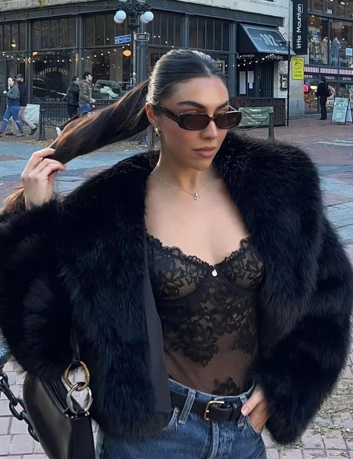 imageCOZYPOIN Womens Faux Fur Jacket Fluffy Fur Coat Cropped Long Sleeve Lapel Button Down Fuzzy Winter OuterwearBlack