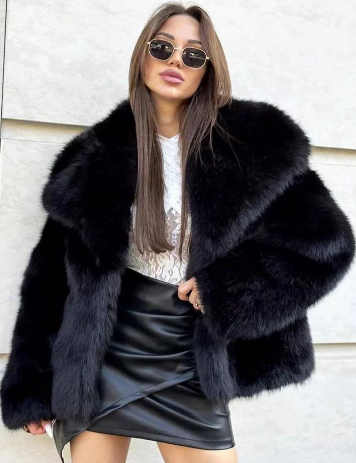 imageCOZYPOIN Womens Faux Fur Jacket Fluffy Fur Coat Cropped Long Sleeve Lapel Button Down Fuzzy Winter OuterwearBlack
