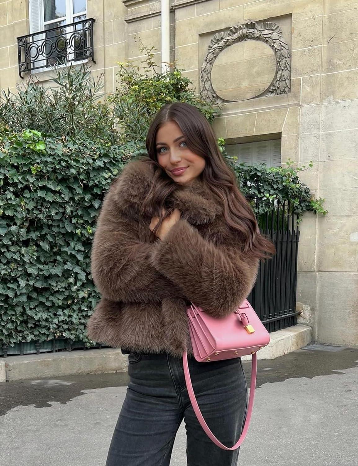 imageCOZYPOIN Womens Faux Fur Jacket Fluffy Fur Coat Cropped Long Sleeve Lapel Button Down Fuzzy Winter OuterwearBrown
