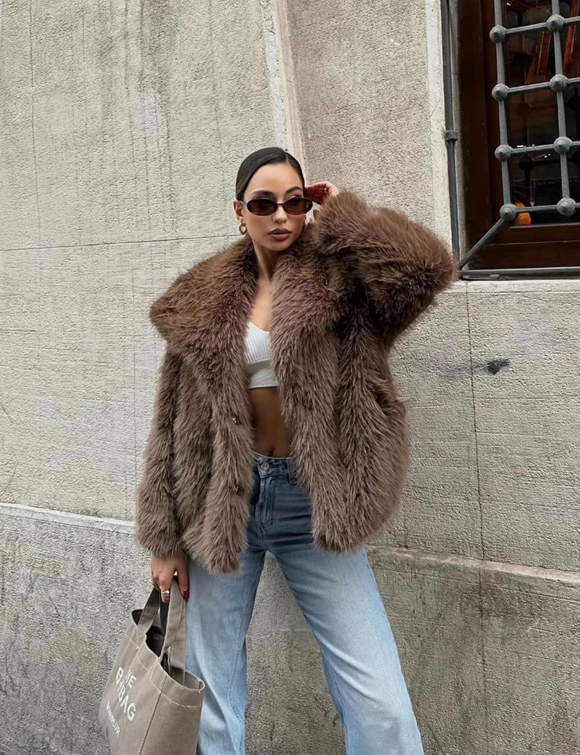 imageCOZYPOIN Womens Faux Fur Jacket Fluffy Fur Coat Cropped Long Sleeve Lapel Button Down Fuzzy Winter OuterwearBrown