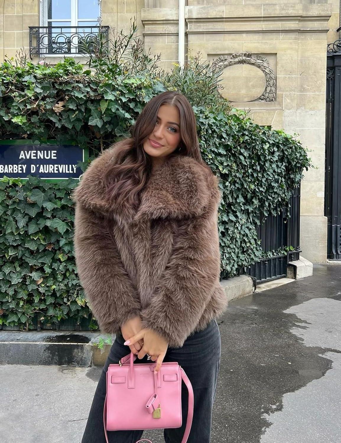 imageCOZYPOIN Womens Faux Fur Jacket Fluffy Fur Coat Cropped Long Sleeve Lapel Button Down Fuzzy Winter OuterwearBrown