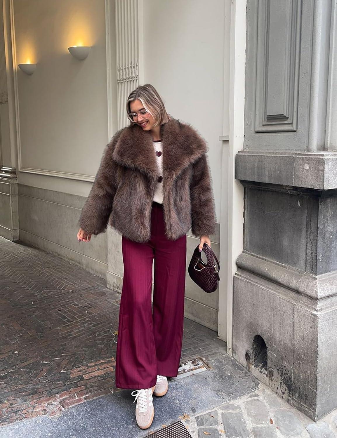 imageCOZYPOIN Womens Faux Fur Jacket Fluffy Fur Coat Cropped Long Sleeve Lapel Button Down Fuzzy Winter OuterwearBrown