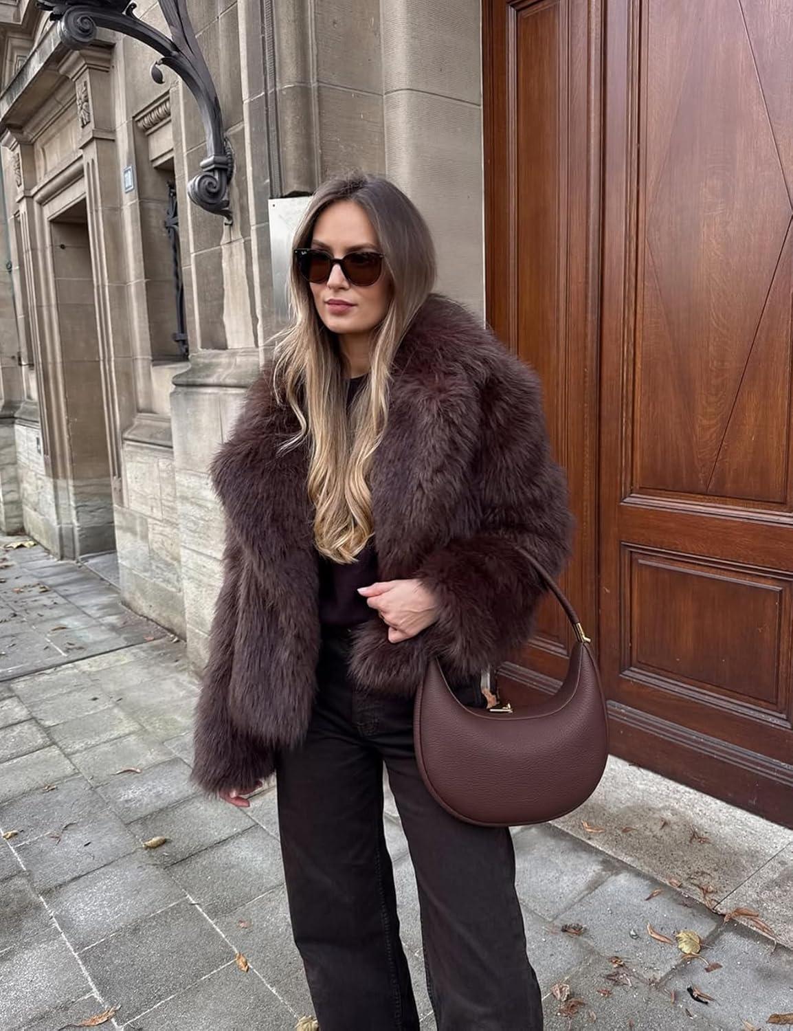 imageCOZYPOIN Womens Faux Fur Jacket Fluffy Fur Coat Cropped Long Sleeve Lapel Button Down Fuzzy Winter OuterwearBrown