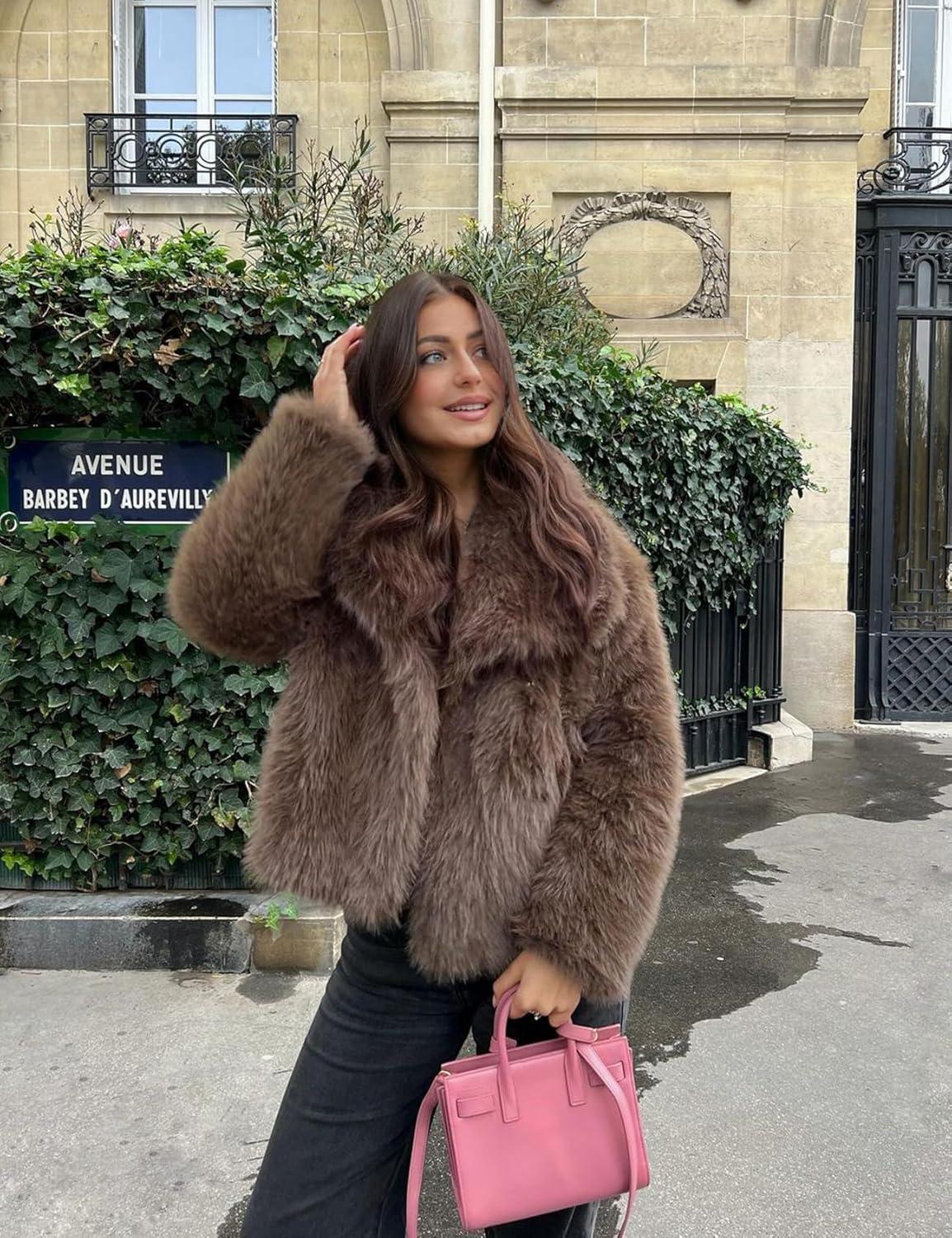 imageCOZYPOIN Womens Faux Fur Jacket Fluffy Fur Coat Cropped Long Sleeve Lapel Button Down Fuzzy Winter OuterwearBrown