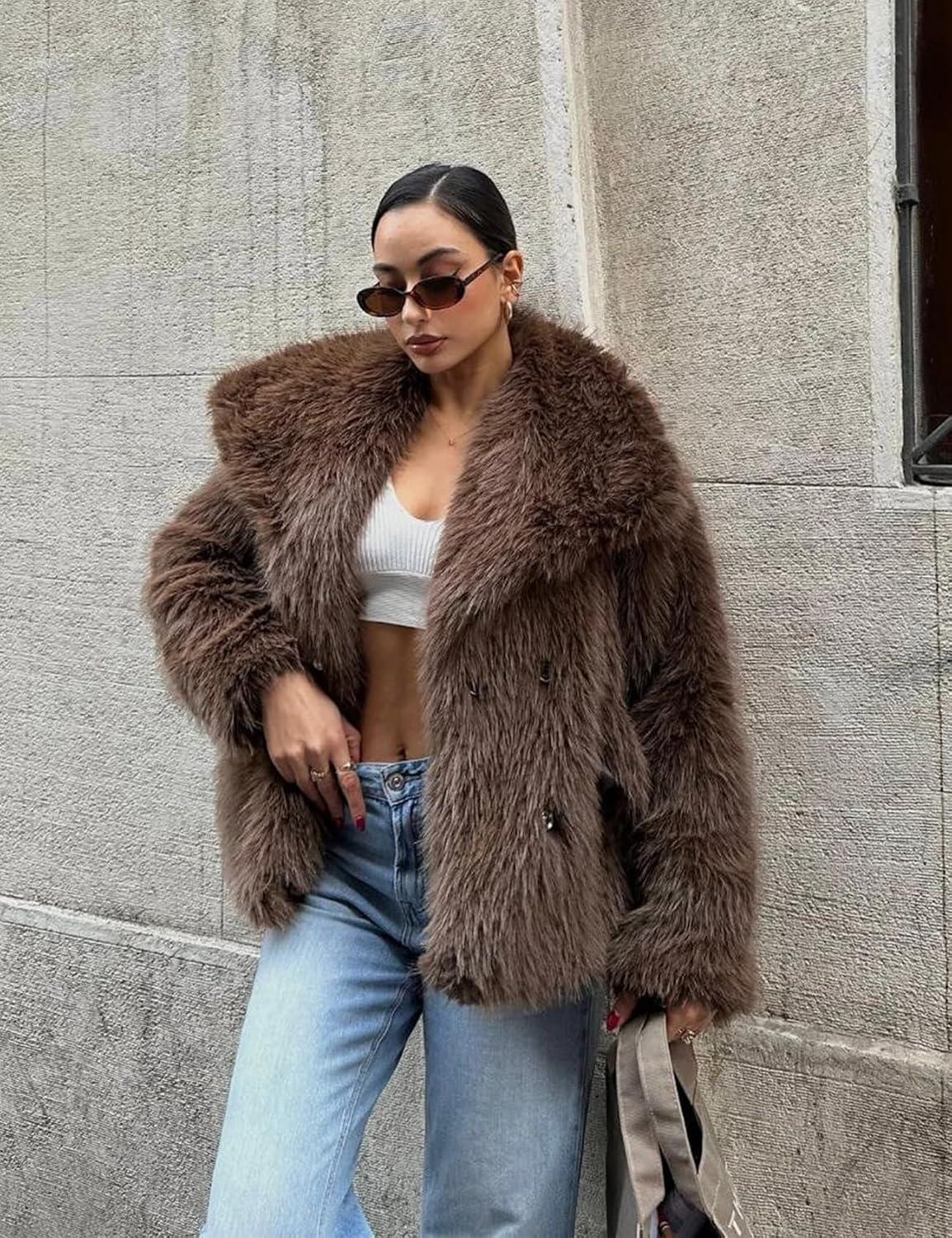 imageCOZYPOIN Womens Faux Fur Jacket Fluffy Fur Coat Cropped Long Sleeve Lapel Button Down Fuzzy Winter OuterwearBrown