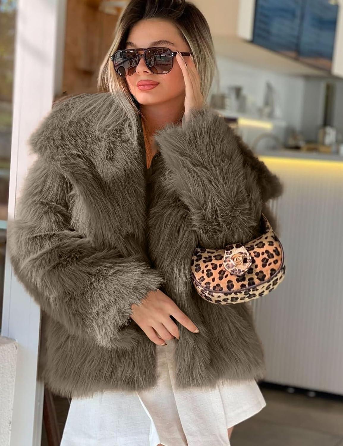 imageCOZYPOIN Womens Faux Fur Jacket Fluffy Fur Coat Cropped Long Sleeve Lapel Button Down Fuzzy Winter OuterwearLightbrown