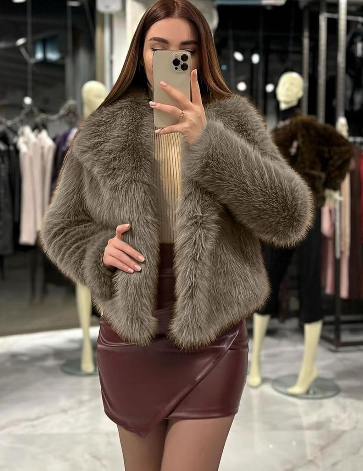 imageCOZYPOIN Womens Faux Fur Jacket Fluffy Fur Coat Cropped Long Sleeve Lapel Button Down Fuzzy Winter OuterwearLightbrown