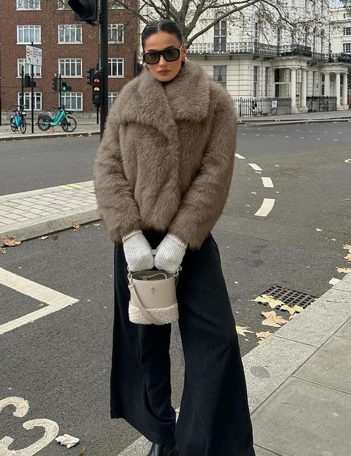 imageCOZYPOIN Womens Faux Fur Jacket Fluffy Fur Coat Cropped Long Sleeve Lapel Button Down Fuzzy Winter OuterwearLightbrown