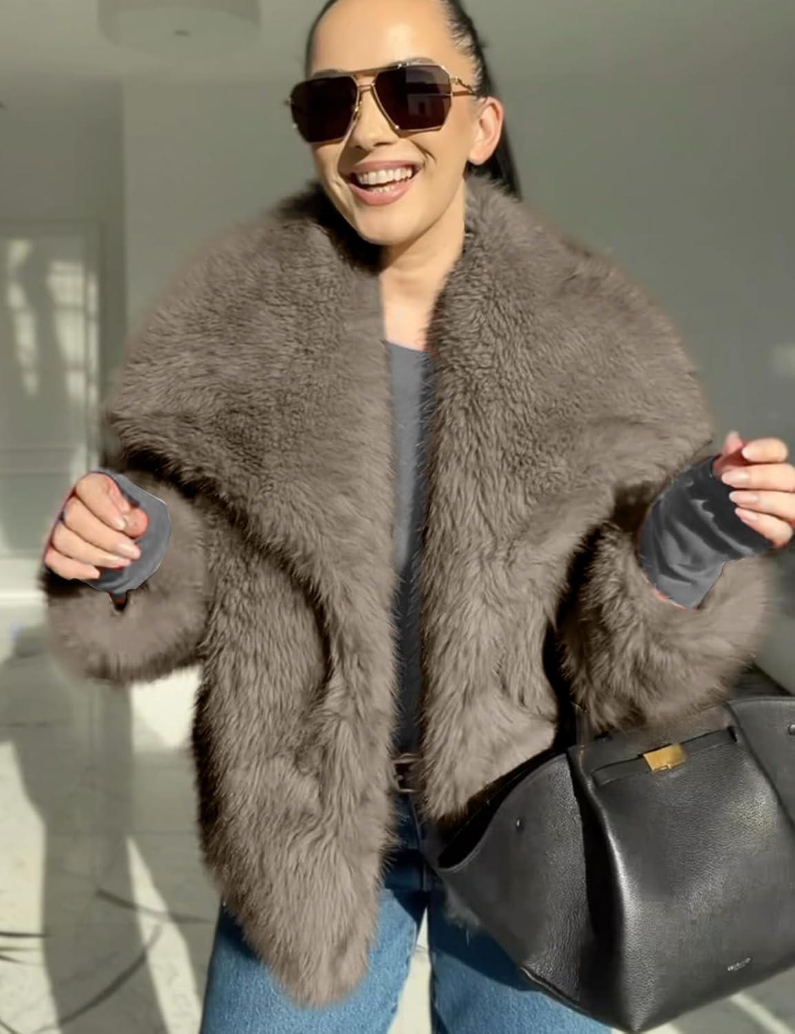 imageCOZYPOIN Womens Faux Fur Jacket Fluffy Fur Coat Cropped Long Sleeve Lapel Button Down Fuzzy Winter OuterwearLightbrown