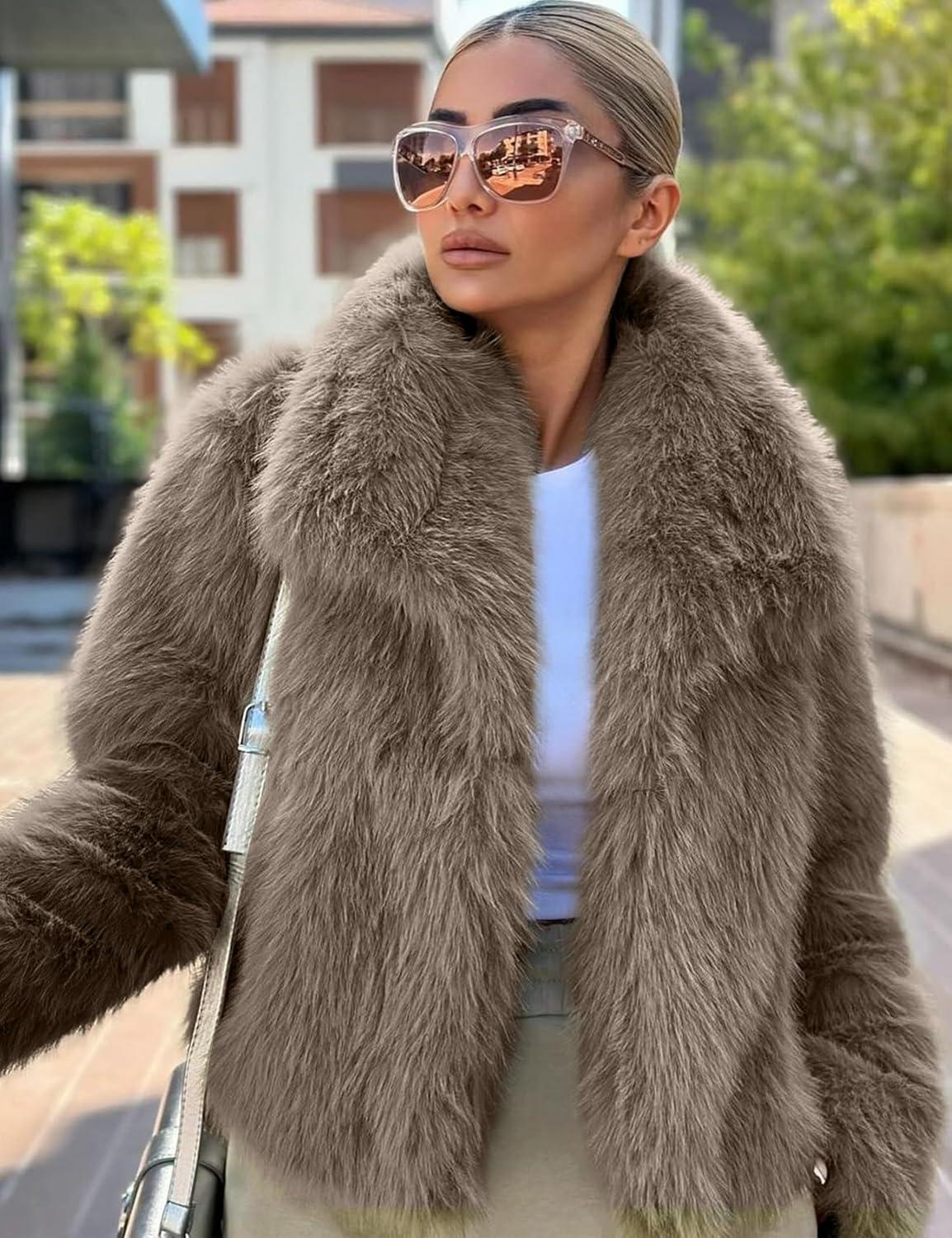imageCOZYPOIN Womens Faux Fur Jacket Fluffy Fur Coat Cropped Long Sleeve Lapel Button Down Fuzzy Winter OuterwearLightbrown