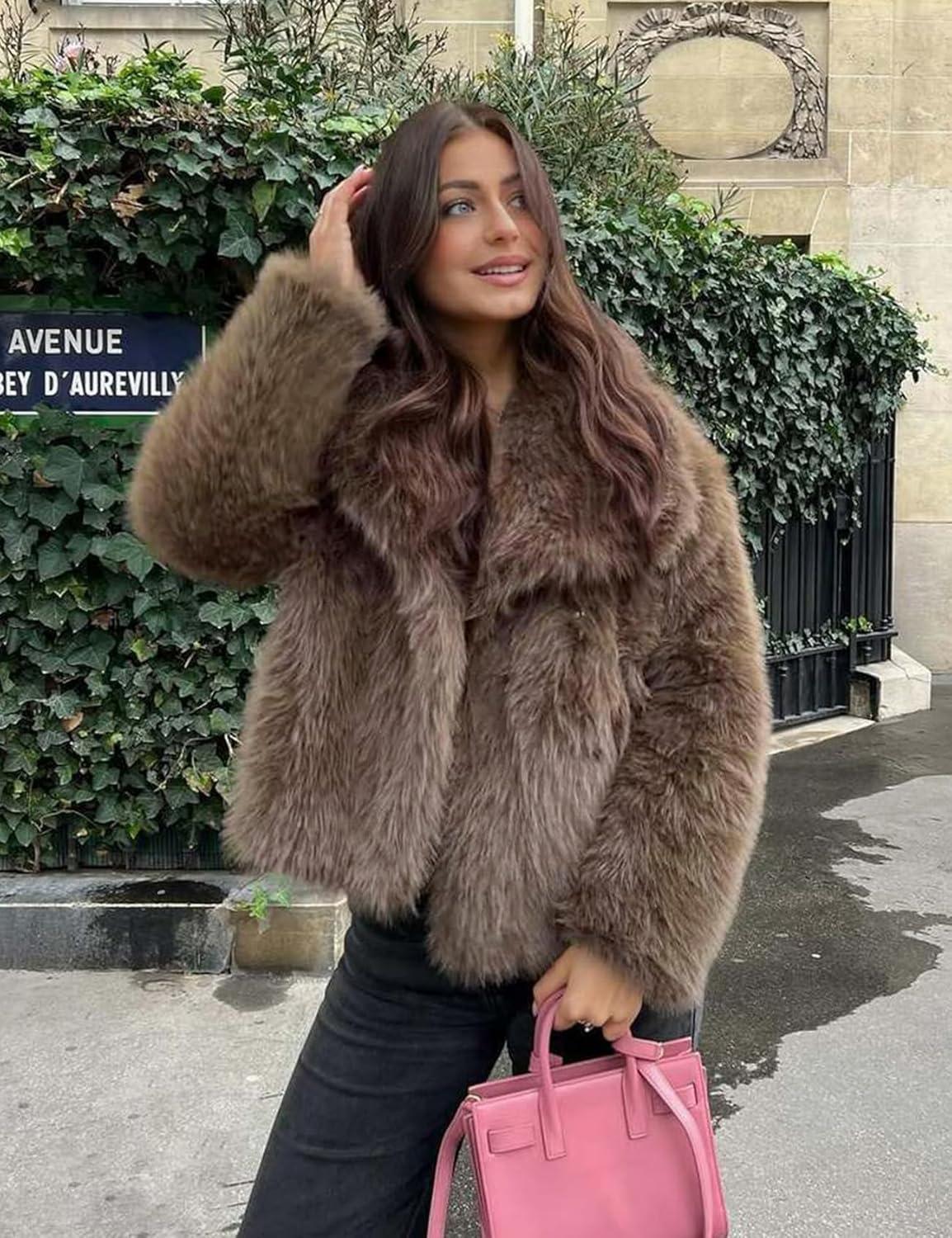 imageCOZYPOIN Womens Faux Fur Jacket Fluffy Fur Coat Cropped Long Sleeve Lapel Button Down Fuzzy Winter OuterwearLightbrown