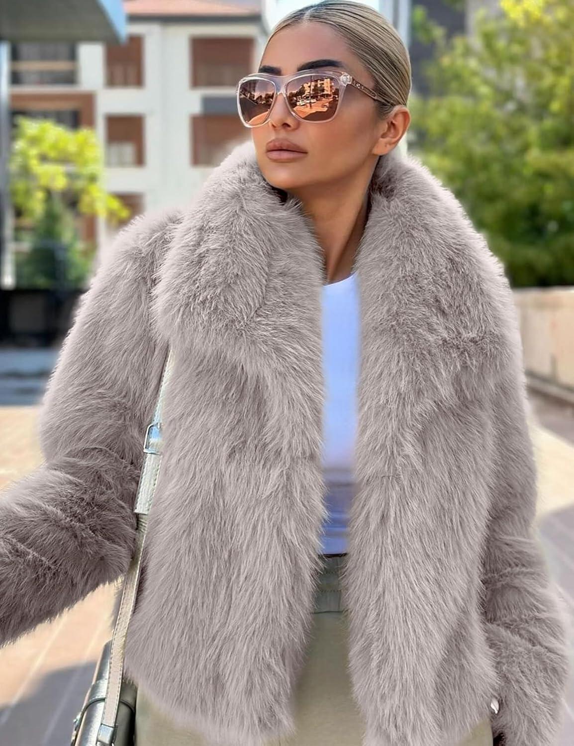imageCOZYPOIN Womens Faux Fur Jacket Fluffy Fur Coat Cropped Long Sleeve Lapel Button Down Fuzzy Winter OuterwearLightkhaki