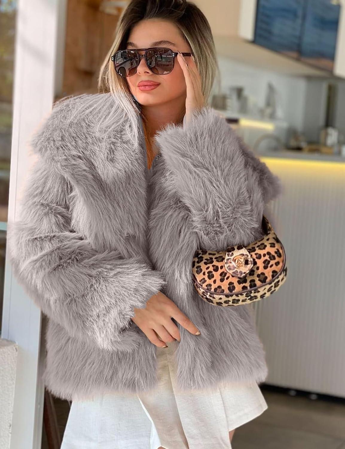 imageCOZYPOIN Womens Faux Fur Jacket Fluffy Fur Coat Cropped Long Sleeve Lapel Button Down Fuzzy Winter OuterwearLightkhaki