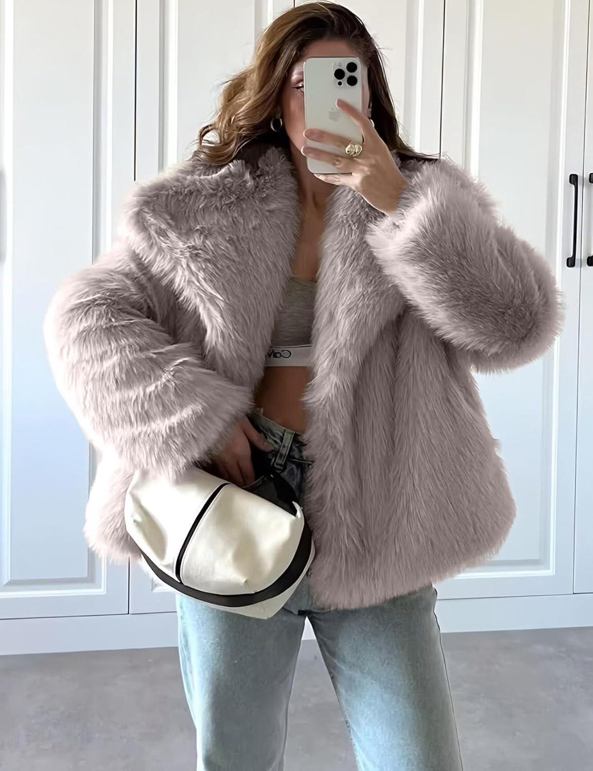 imageCOZYPOIN Womens Faux Fur Jacket Fluffy Fur Coat Cropped Long Sleeve Lapel Button Down Fuzzy Winter OuterwearLightkhaki