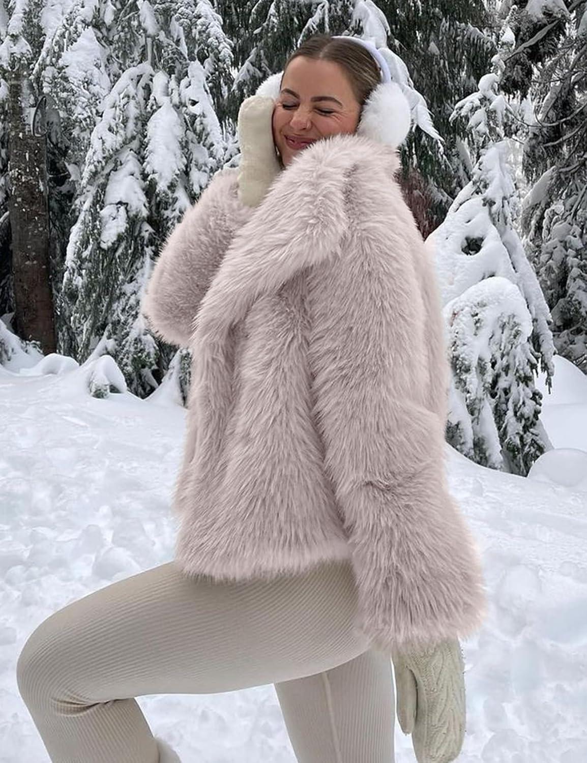 imageCOZYPOIN Womens Faux Fur Jacket Fluffy Fur Coat Cropped Long Sleeve Lapel Button Down Fuzzy Winter OuterwearLightkhaki