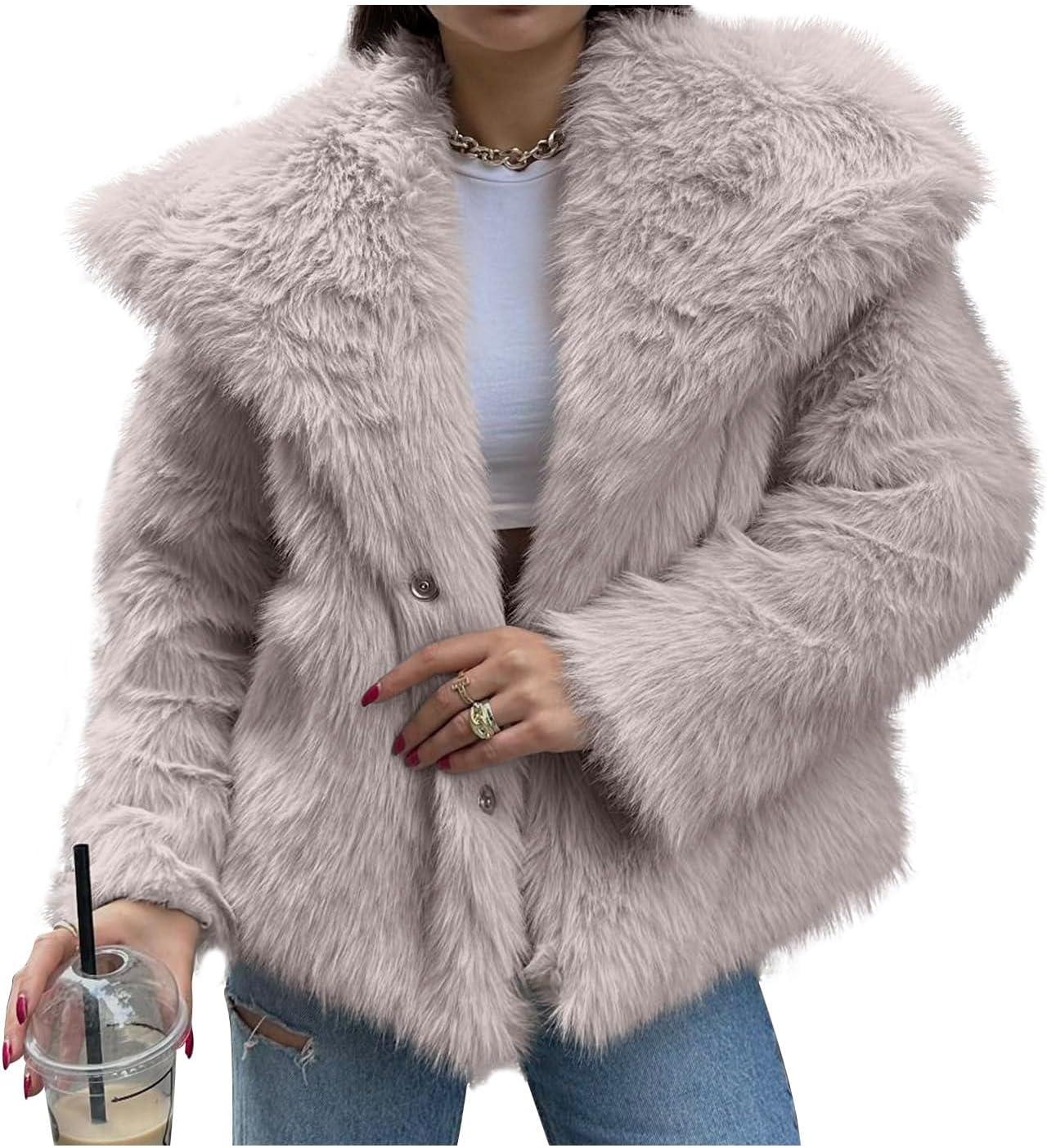 imageCOZYPOIN Womens Faux Fur Jacket Fluffy Fur Coat Cropped Long Sleeve Lapel Button Down Fuzzy Winter OuterwearLightkhaki