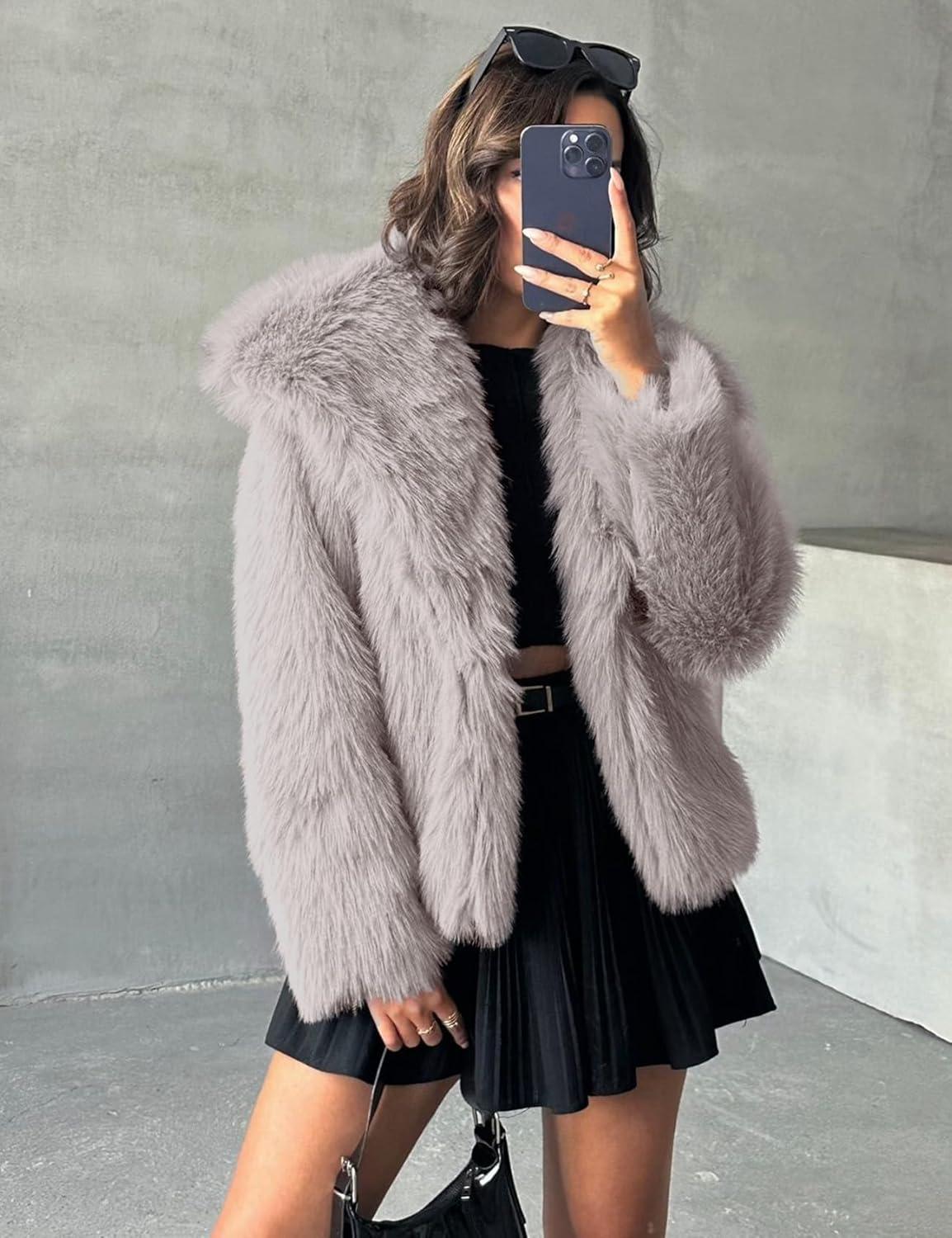 imageCOZYPOIN Womens Faux Fur Jacket Fluffy Fur Coat Cropped Long Sleeve Lapel Button Down Fuzzy Winter OuterwearLightkhaki