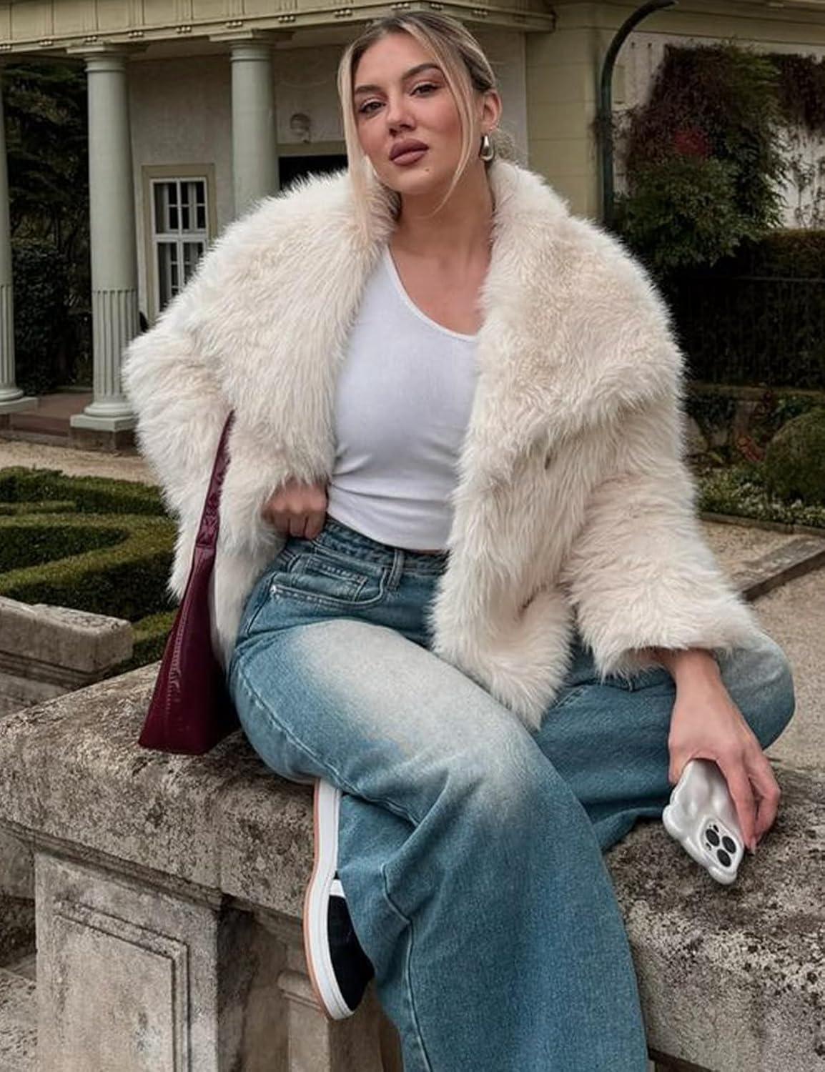 imageCOZYPOIN Womens Faux Fur Jacket Fluffy Fur Coat Cropped Long Sleeve Lapel Button Down Fuzzy Winter OuterwearOffwhite