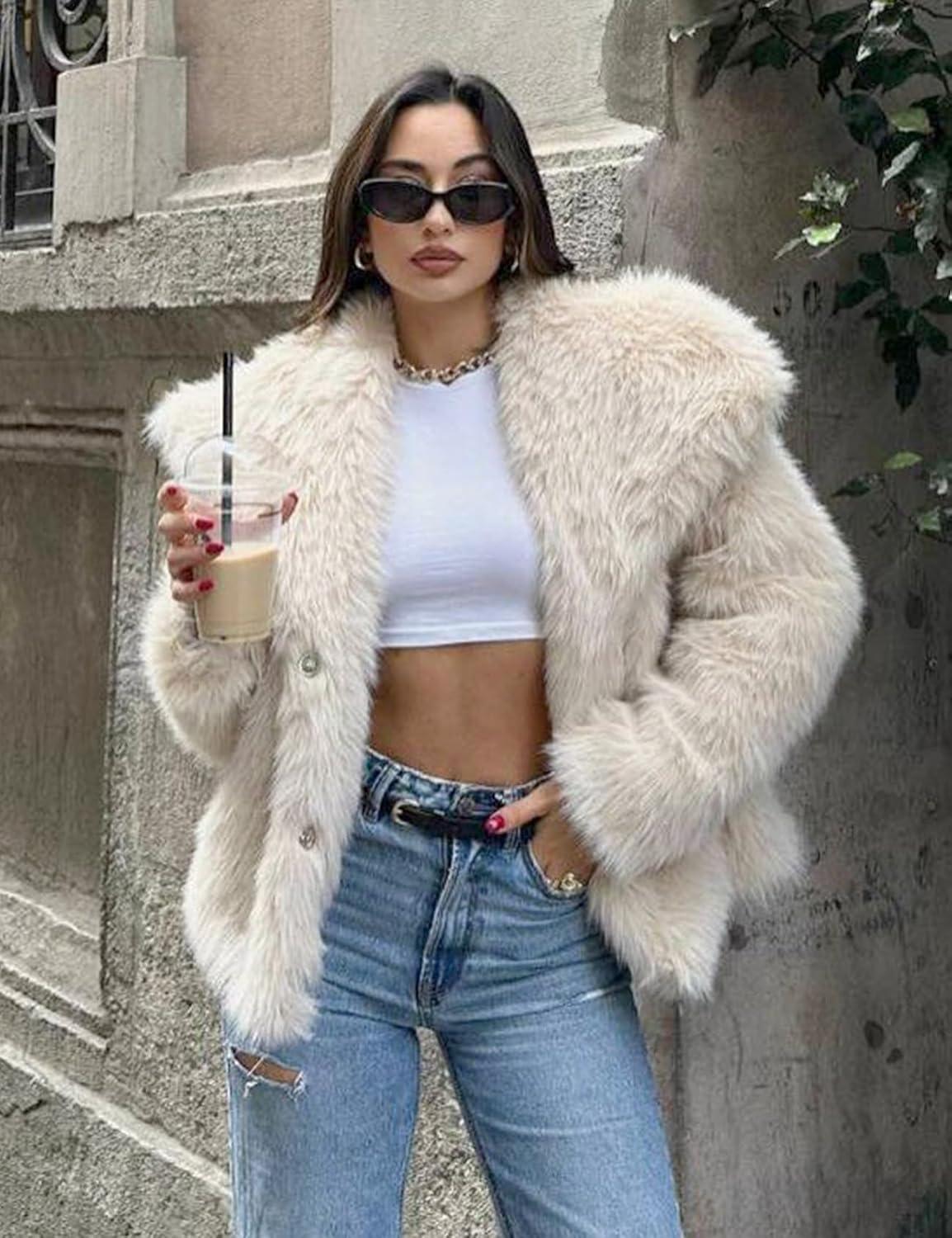 imageCOZYPOIN Womens Faux Fur Jacket Fluffy Fur Coat Cropped Long Sleeve Lapel Button Down Fuzzy Winter OuterwearOffwhite