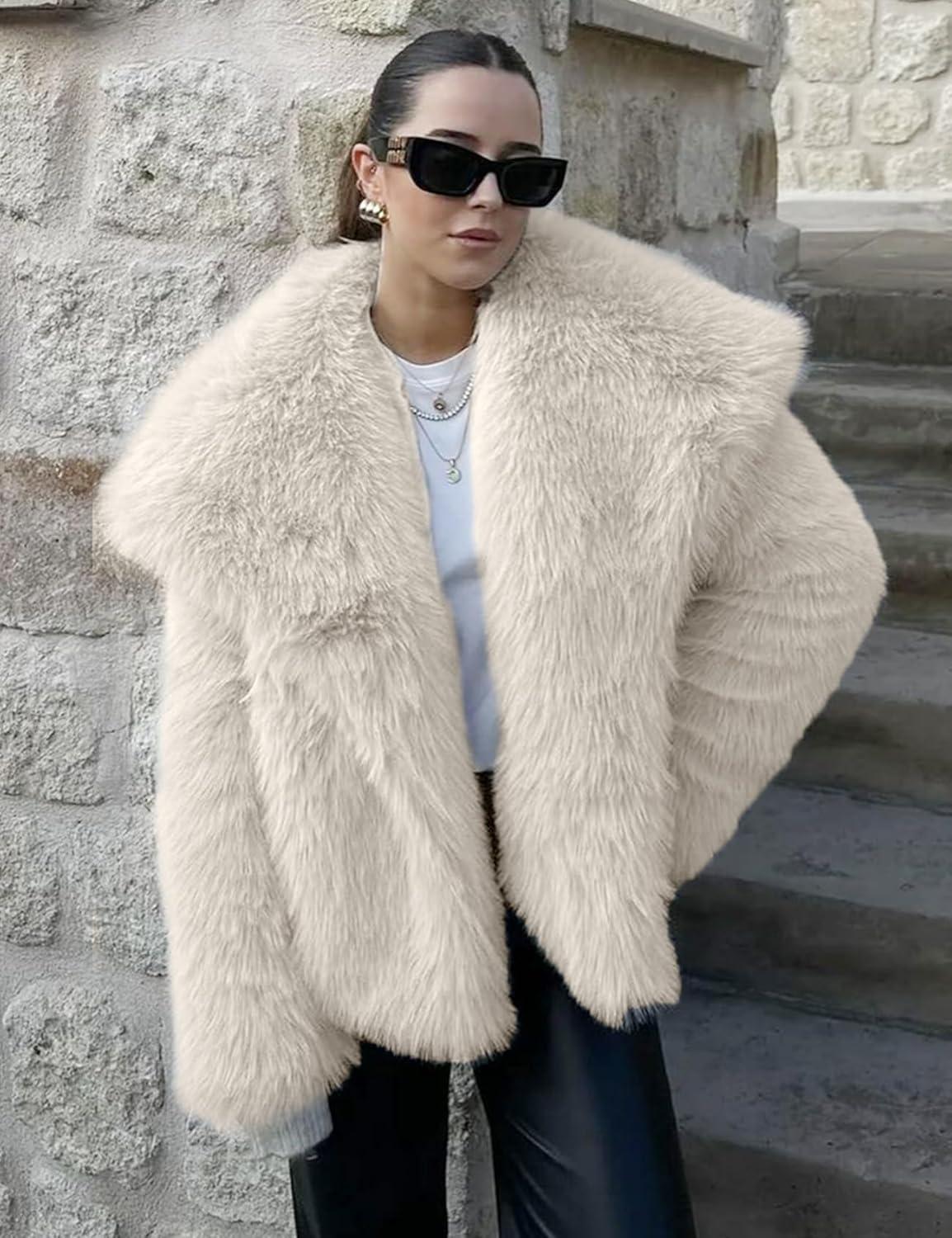 imageCOZYPOIN Womens Faux Fur Jacket Fluffy Fur Coat Cropped Long Sleeve Lapel Button Down Fuzzy Winter OuterwearOffwhite