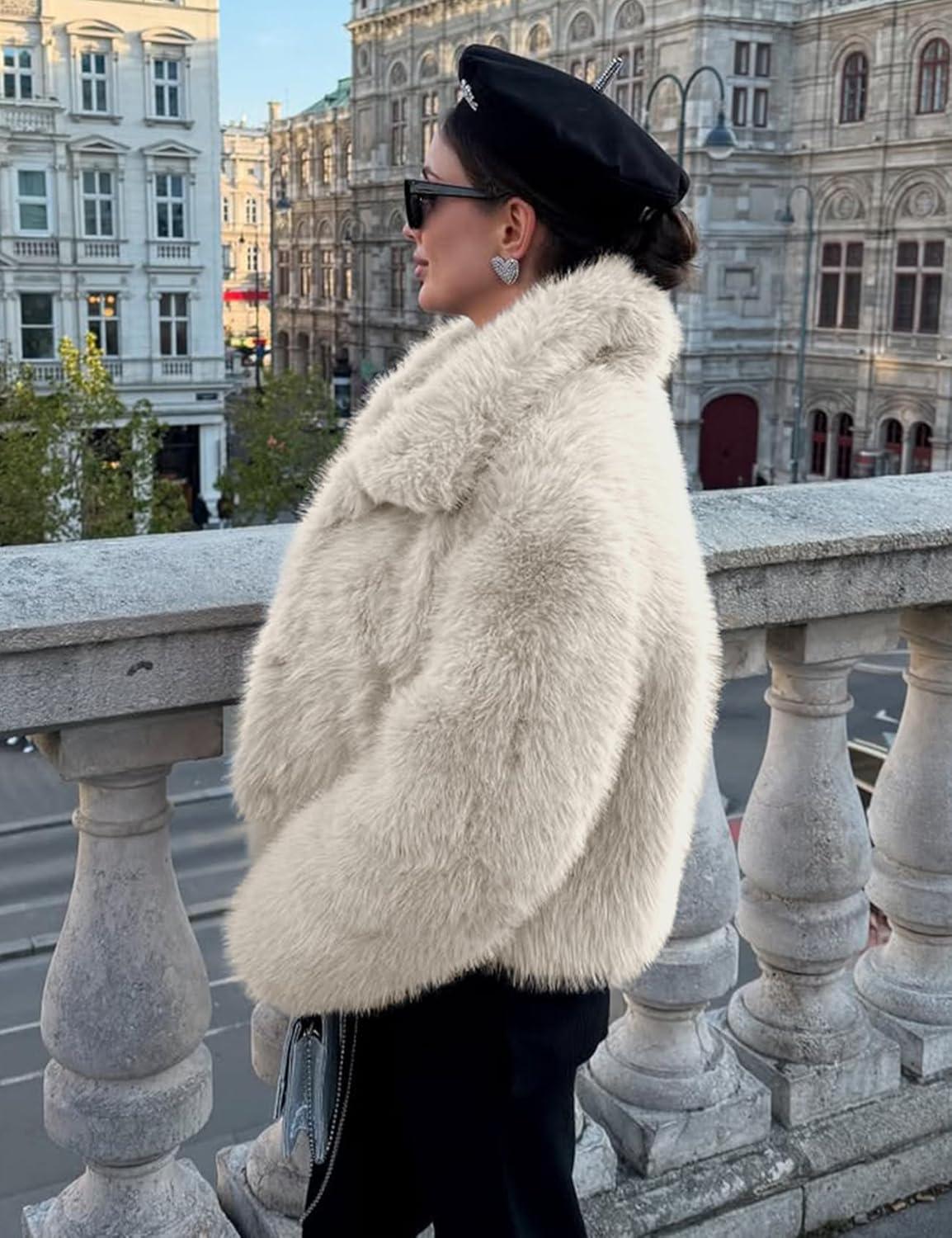 imageCOZYPOIN Womens Faux Fur Jacket Fluffy Fur Coat Cropped Long Sleeve Lapel Button Down Fuzzy Winter OuterwearOffwhite