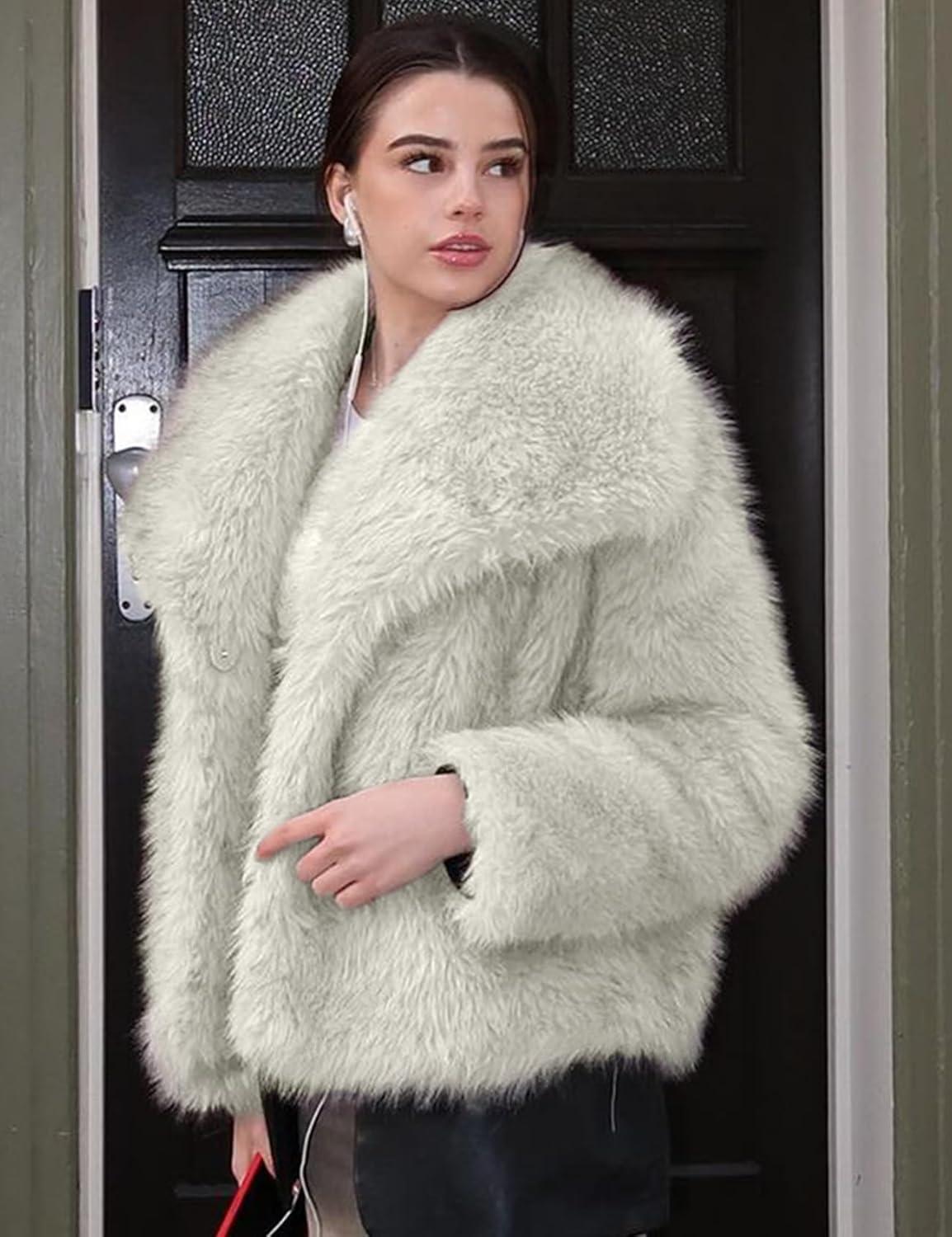 imageCOZYPOIN Womens Faux Fur Jacket Fluffy Fur Coat Cropped Long Sleeve Lapel Button Down Fuzzy Winter OuterwearOffwhite