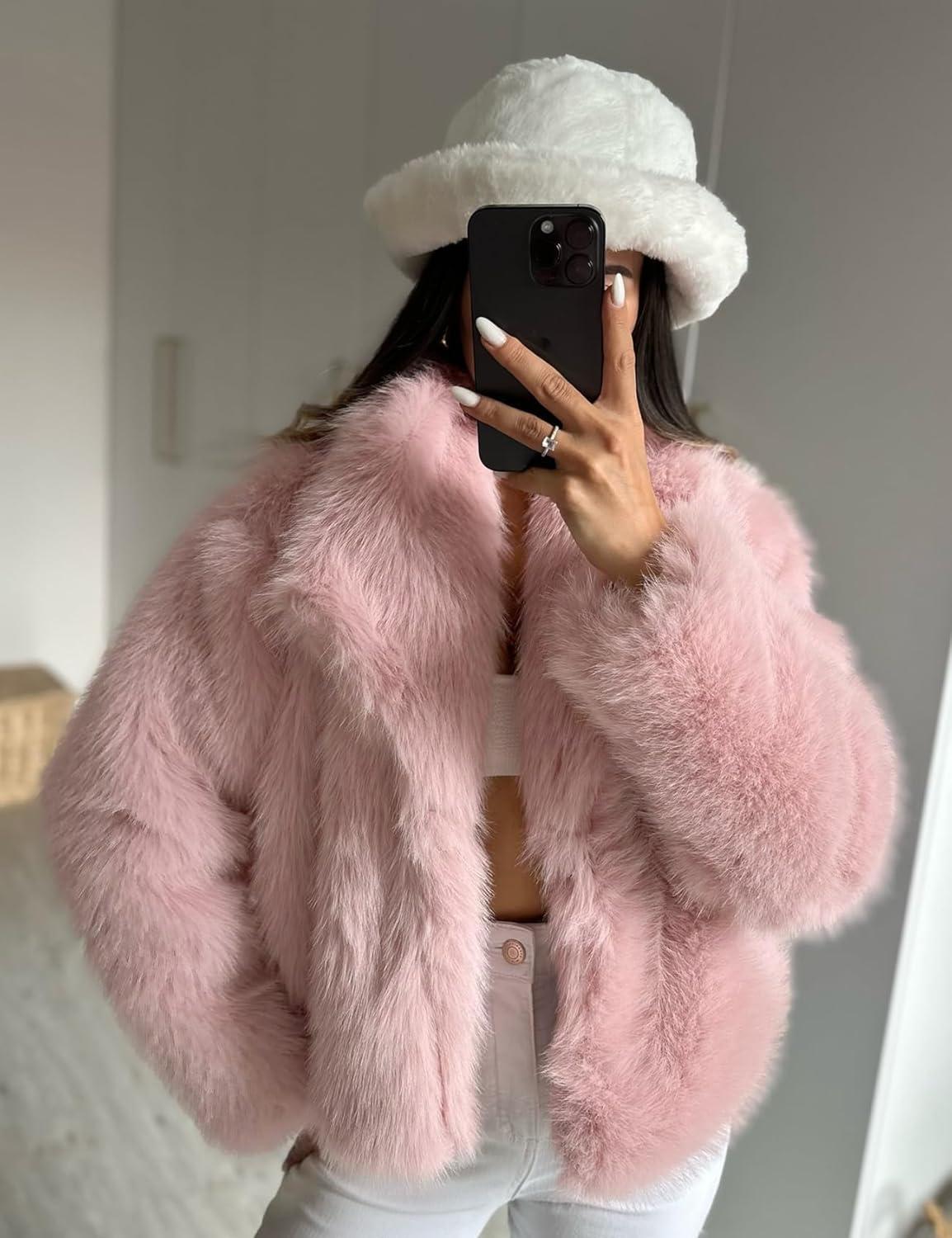 imageCOZYPOIN Womens Faux Fur Jacket Fluffy Fur Coat Cropped Long Sleeve Lapel Button Down Fuzzy Winter OuterwearPink