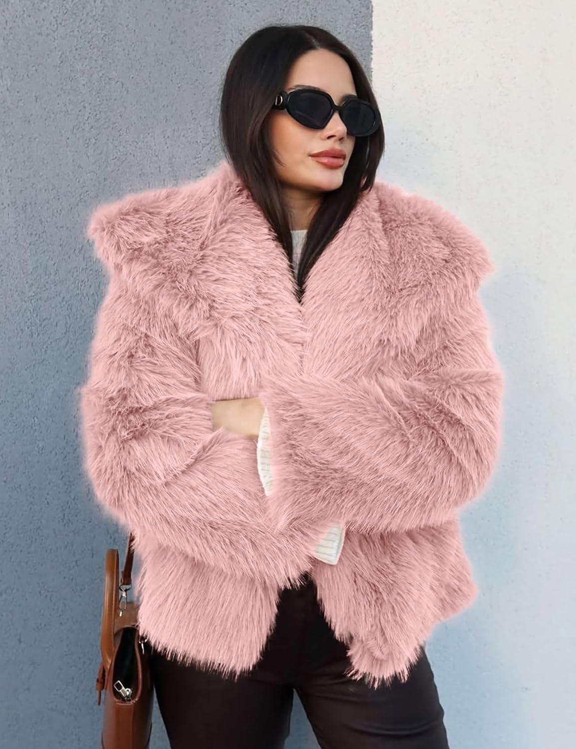 imageCOZYPOIN Womens Faux Fur Jacket Fluffy Fur Coat Cropped Long Sleeve Lapel Button Down Fuzzy Winter OuterwearPink