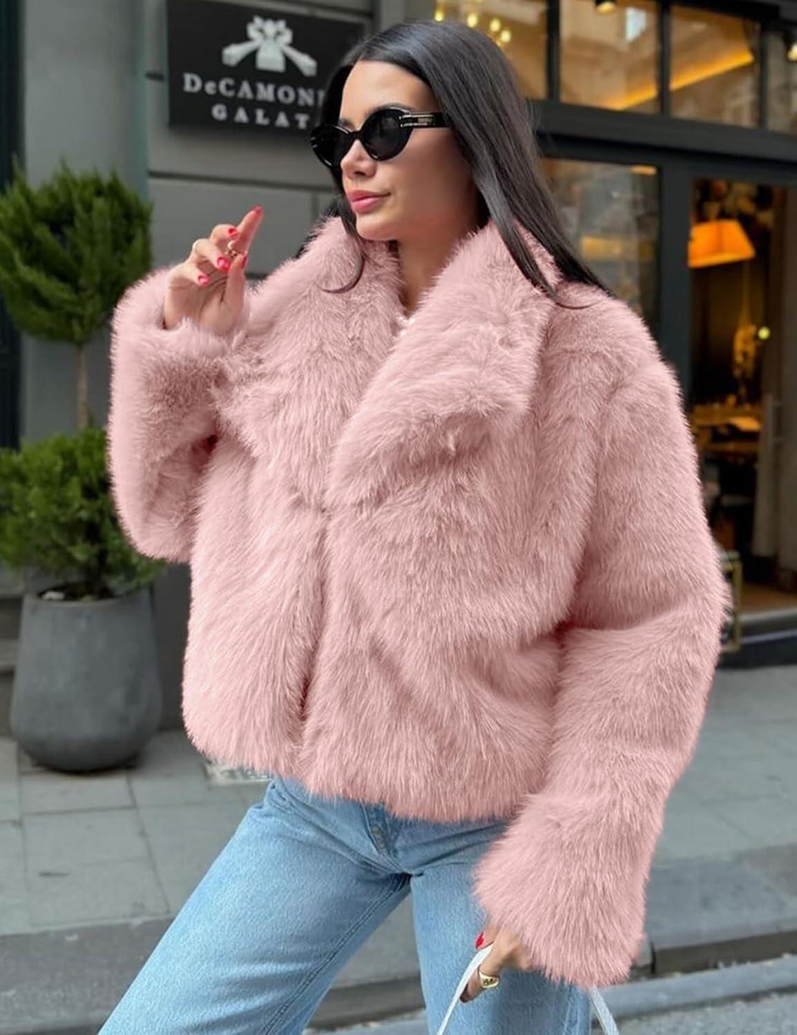imageCOZYPOIN Womens Faux Fur Jacket Fluffy Fur Coat Cropped Long Sleeve Lapel Button Down Fuzzy Winter OuterwearPink