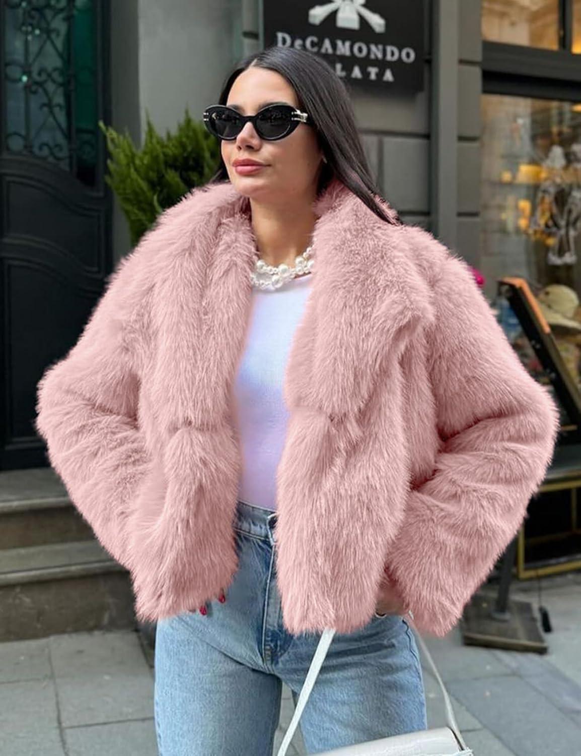 imageCOZYPOIN Womens Faux Fur Jacket Fluffy Fur Coat Cropped Long Sleeve Lapel Button Down Fuzzy Winter OuterwearPink