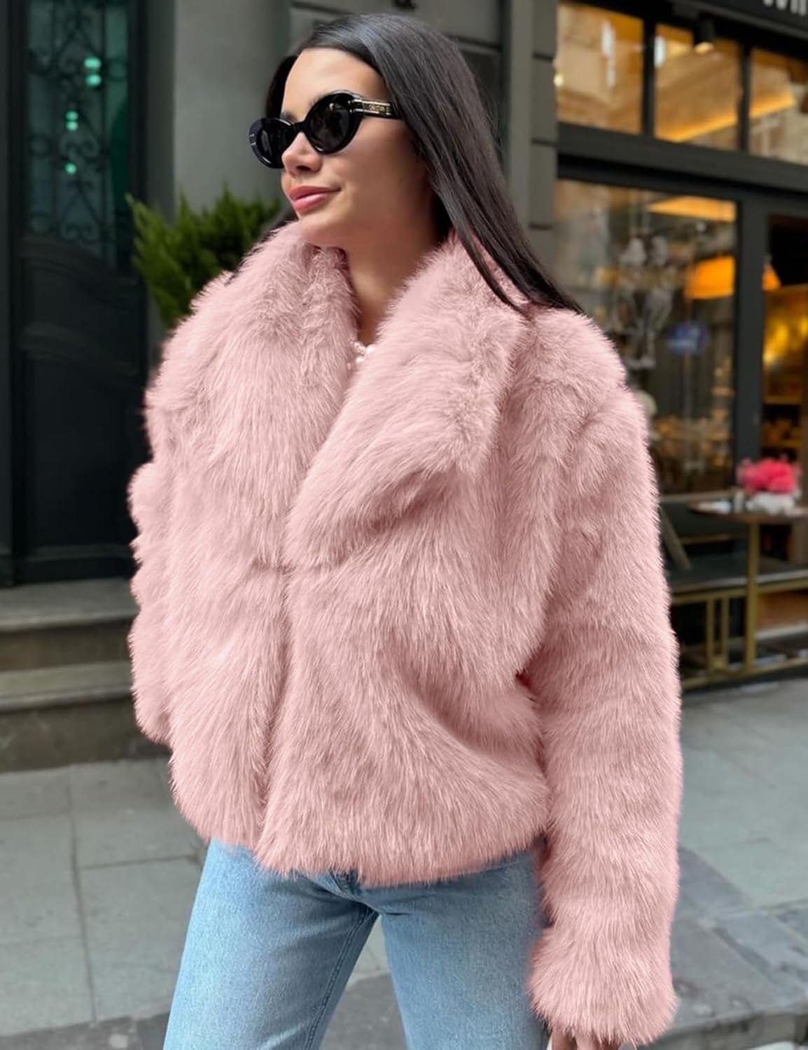 imageCOZYPOIN Womens Faux Fur Jacket Fluffy Fur Coat Cropped Long Sleeve Lapel Button Down Fuzzy Winter OuterwearPink