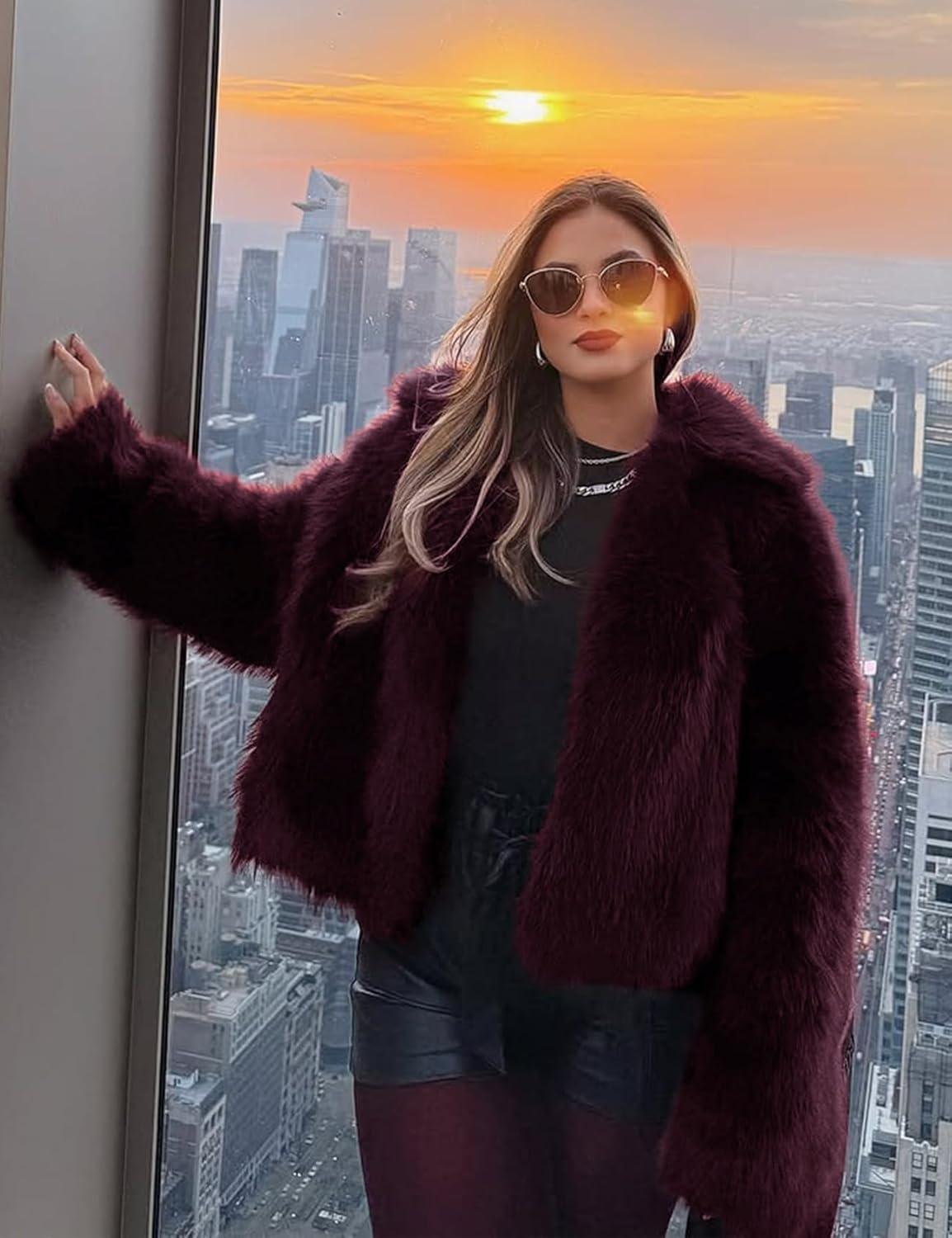 imageCOZYPOIN Womens Faux Fur Jacket Fluffy Fur Coat Cropped Long Sleeve Lapel Button Down Fuzzy Winter OuterwearWinered