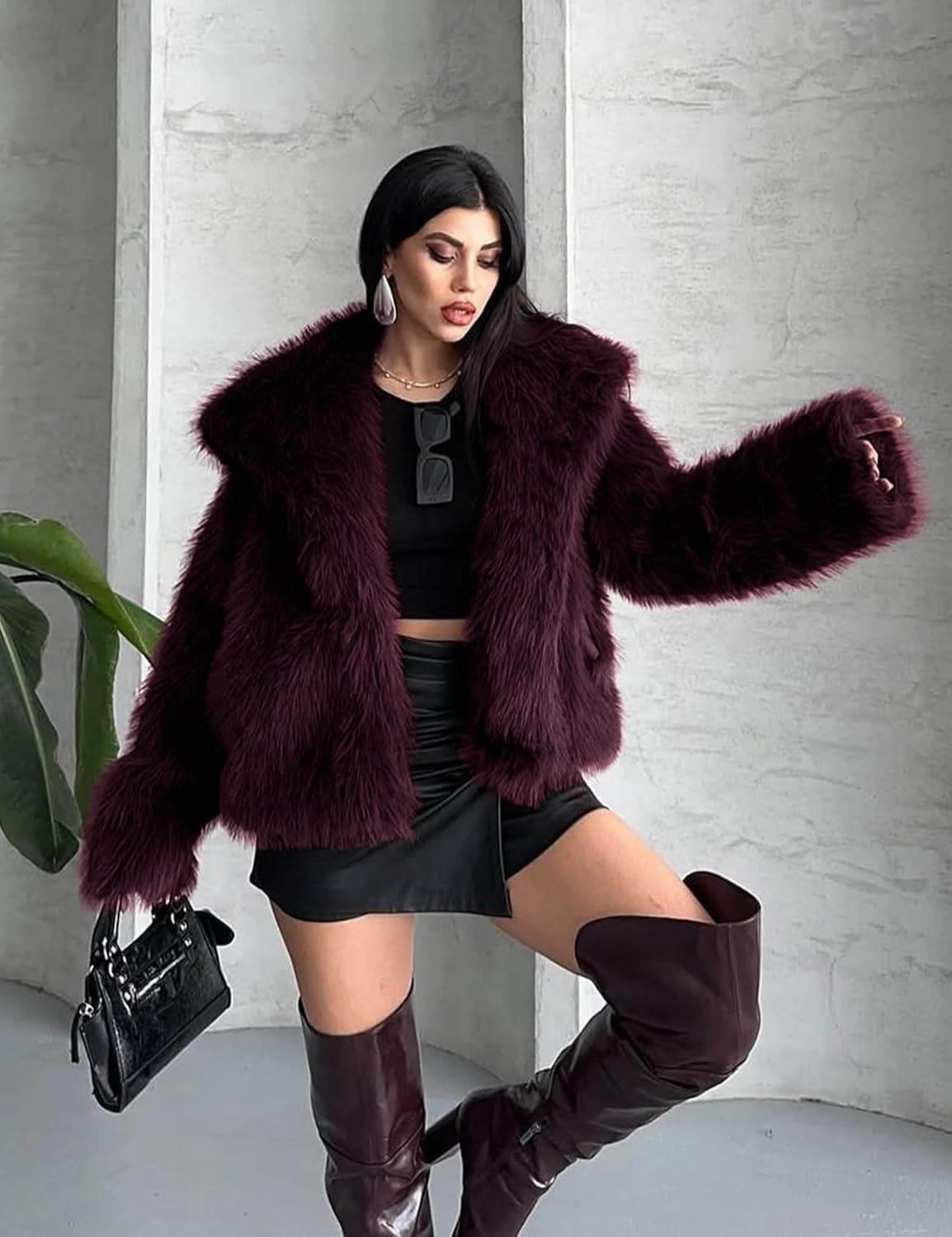 imageCOZYPOIN Womens Faux Fur Jacket Fluffy Fur Coat Cropped Long Sleeve Lapel Button Down Fuzzy Winter OuterwearWinered