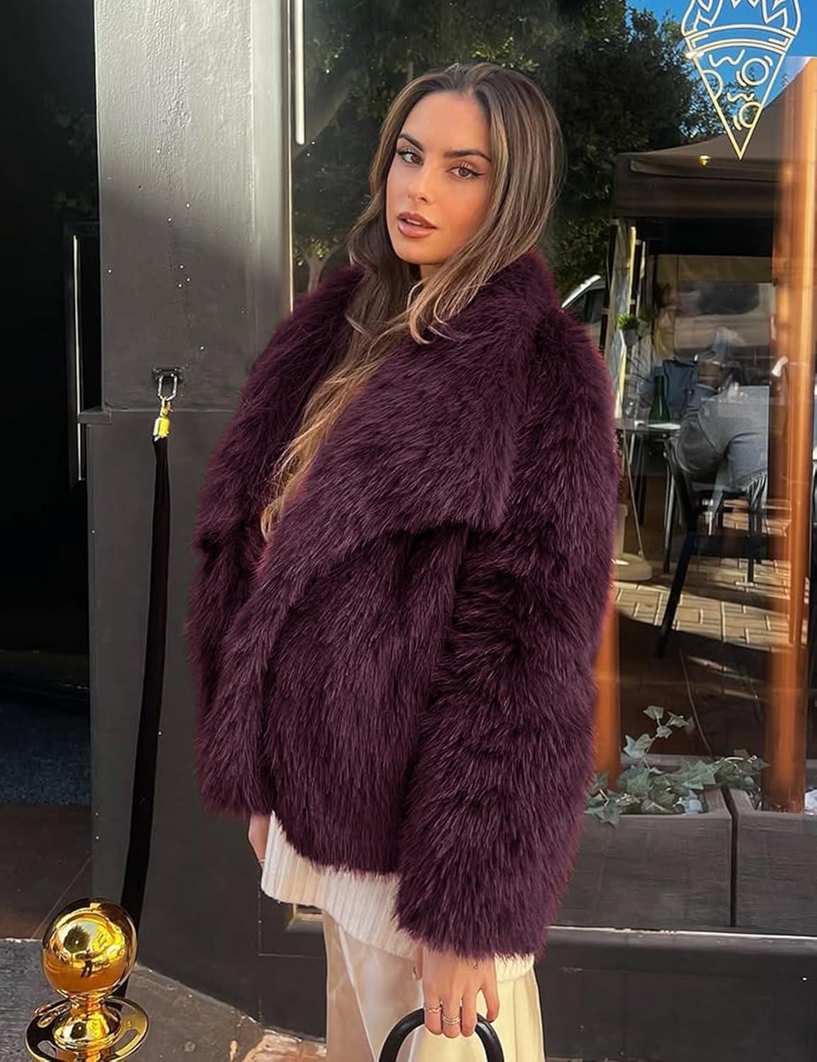 imageCOZYPOIN Womens Faux Fur Jacket Fluffy Fur Coat Cropped Long Sleeve Lapel Button Down Fuzzy Winter OuterwearWinered