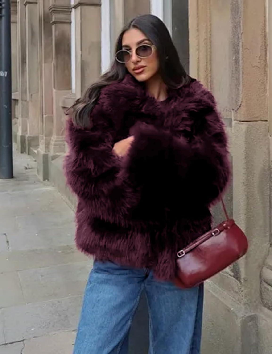 imageCOZYPOIN Womens Faux Fur Jacket Fluffy Fur Coat Cropped Long Sleeve Lapel Button Down Fuzzy Winter OuterwearWinered