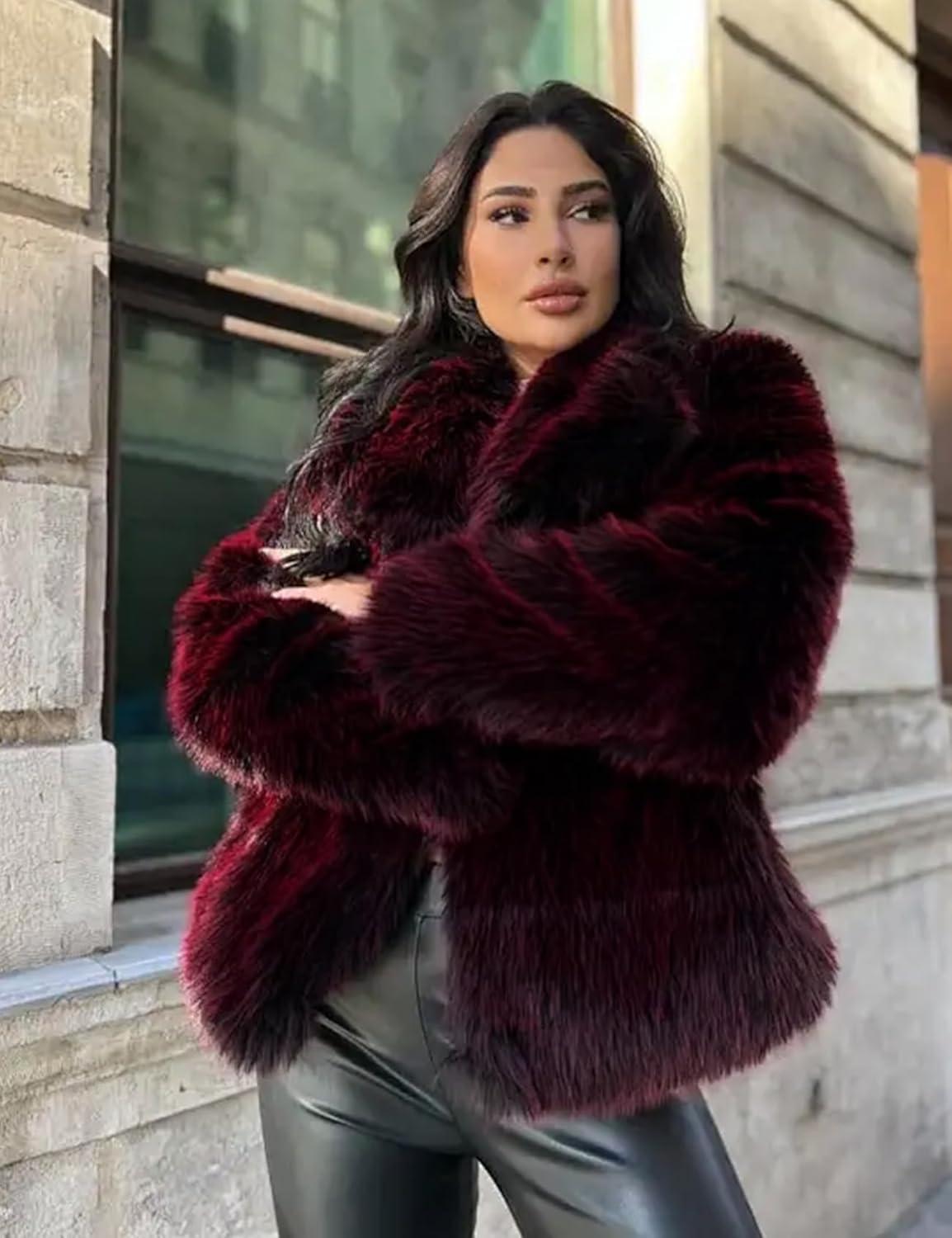 imageCOZYPOIN Womens Faux Fur Jacket Fluffy Fur Coat Cropped Long Sleeve Lapel Button Down Fuzzy Winter OuterwearWinered