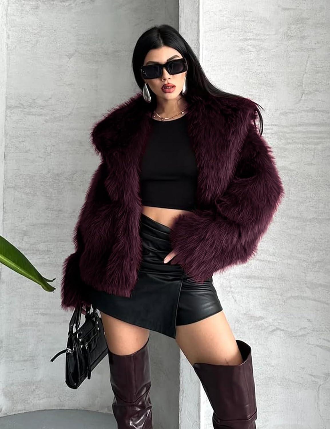 imageCOZYPOIN Womens Faux Fur Jacket Fluffy Fur Coat Cropped Long Sleeve Lapel Button Down Fuzzy Winter OuterwearWinered