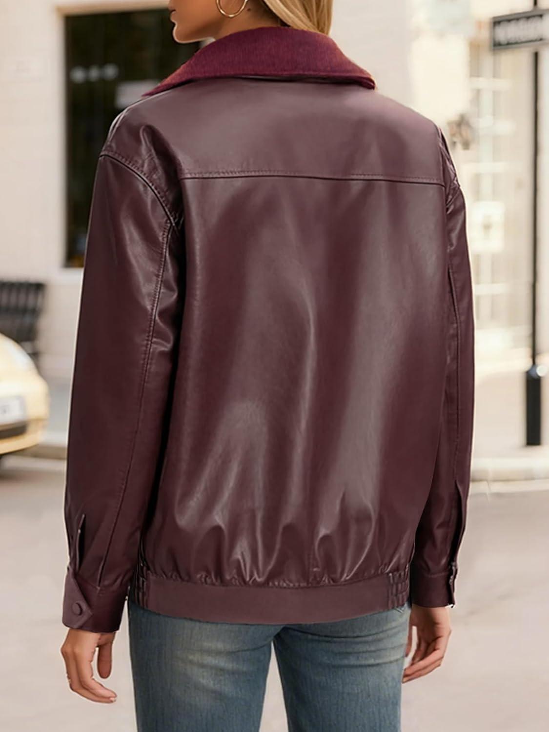 imageCasly Lamiit Women Leather Jacket Oversized Bomber Motorcycle Zip Up Jacket Spring Trendy Coats Fashion Clothes 2026Ancora Red