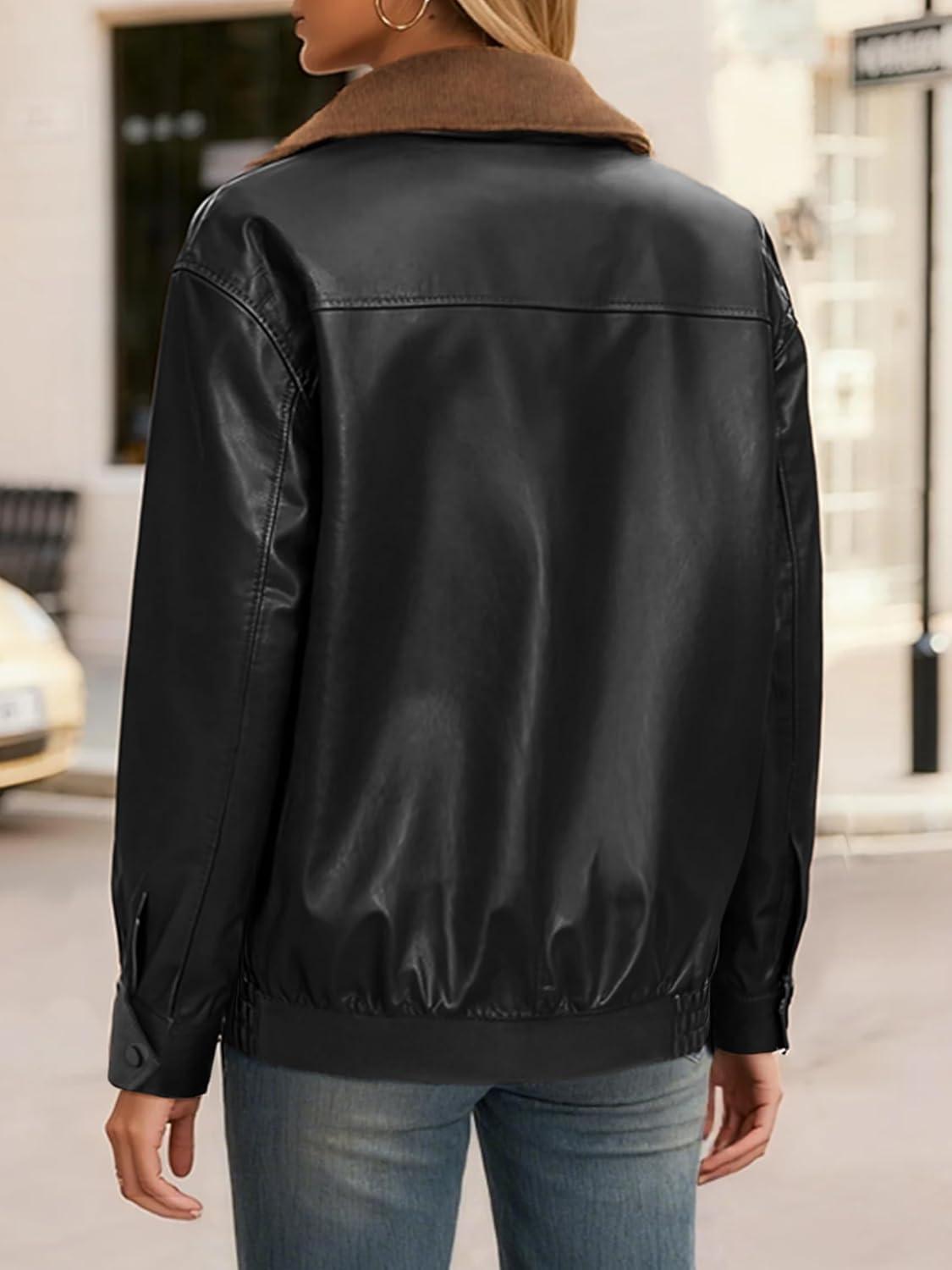 imageCasly Lamiit Women Leather Jacket Oversized Bomber Motorcycle Zip Up Jacket Spring Trendy Coats Fashion Clothes 2026Black