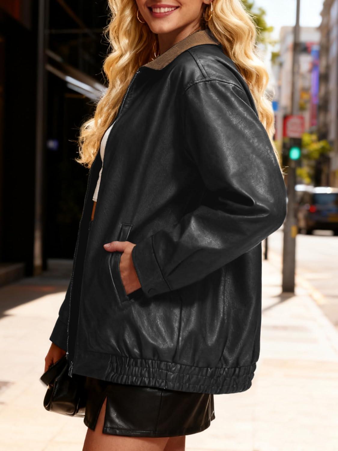 imageCasly Lamiit Women Leather Jacket Oversized Bomber Motorcycle Zip Up Jacket Spring Trendy Coats Fashion Clothes 2026Black